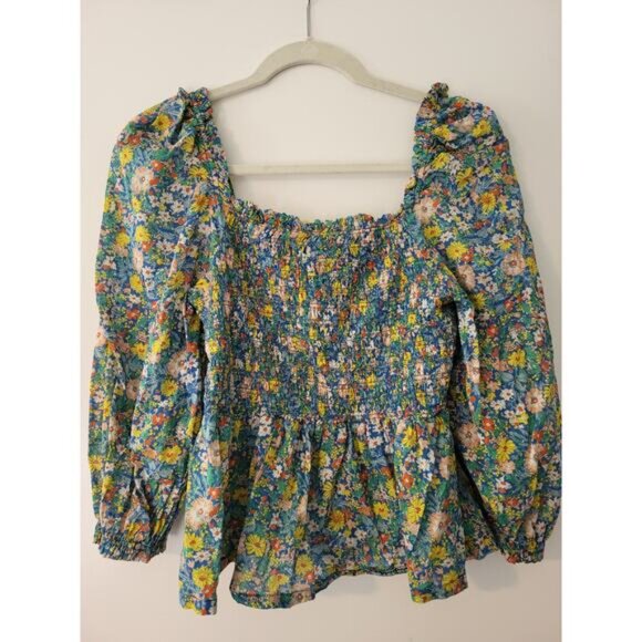 Birds of Paradise Trovata Floral Smock Blouse Medium 100% Cotton Puff Sleeve Top - Picture 5 of 5